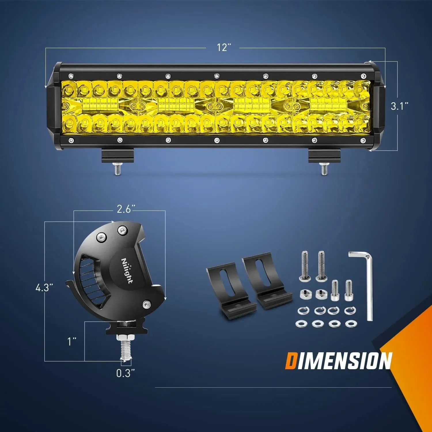 12 Inch 240W Triple Row Spot/Flood Amber LED Light Bar Kit | 16AWG Wire 3Pin Switch