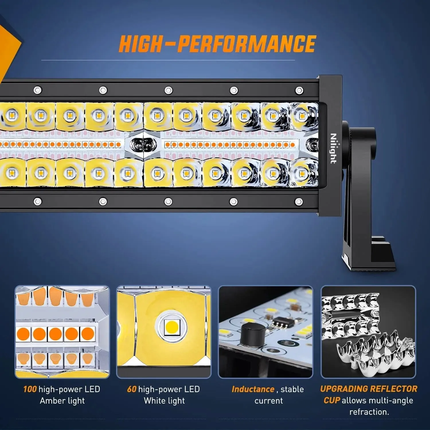 22 Inch 480W Triple Row Amber White Spot Flood LED Light Bar | 2Pcs 4 Inch 60W LED Pods | 16AWG DT Wire 3 Leads