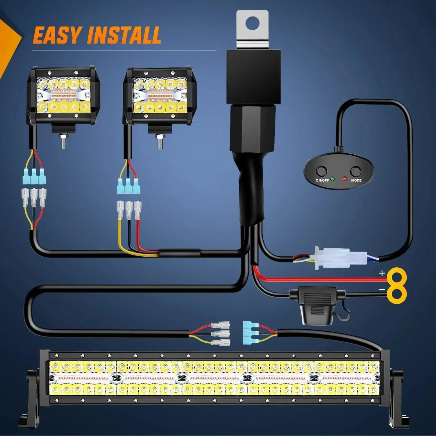 22 Inch 480W Triple Row Amber White Spot Flood LED Light Bar | 2Pcs 4 Inch 60W LED Pods | 16AWG DT Wire 3 Leads