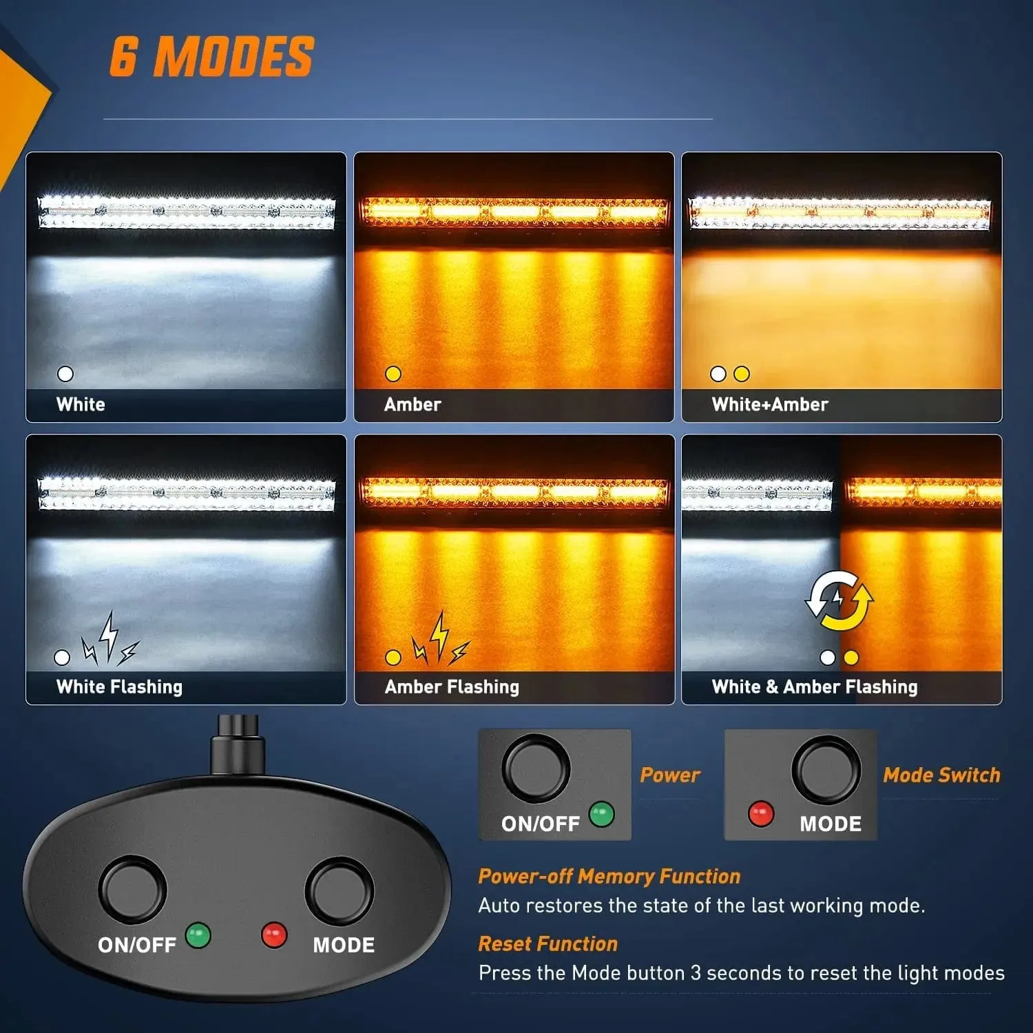 22 Inch 480W Triple Row Amber White Spot Flood LED Light Bar | 2Pcs 4 Inch 60W LED Pods | 16AWG DT Wire 3 Leads