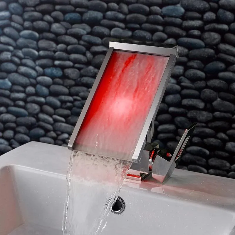 3 Color Changing LED Temperature Sensor Waterfall Basin Faucet