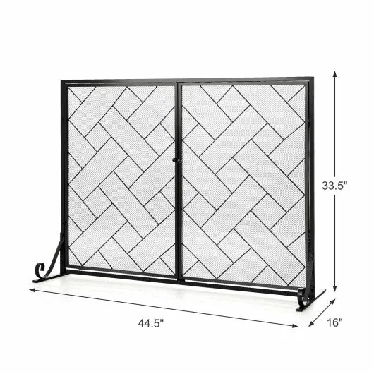 3-Panel Folding Wrought Iron Fireplace Screen with Doors and 4 Pieces Tools Set-Black