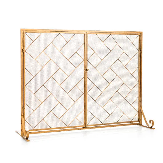 3-Panel Folding Wrought Iron Fireplace Screen with Doors and 4 Pieces Tools Set-Golden