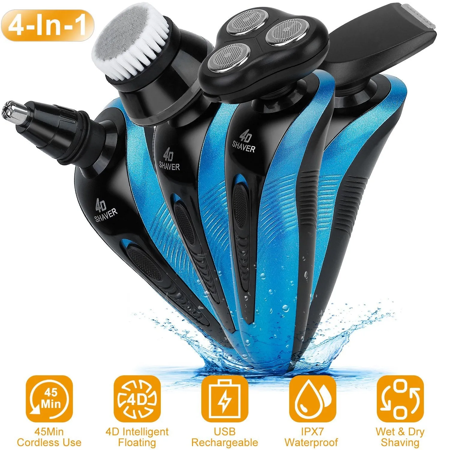 4-in-1 Electric Shaver for Men, IPX7 Waterproof, Cordless Rechargeable Razor