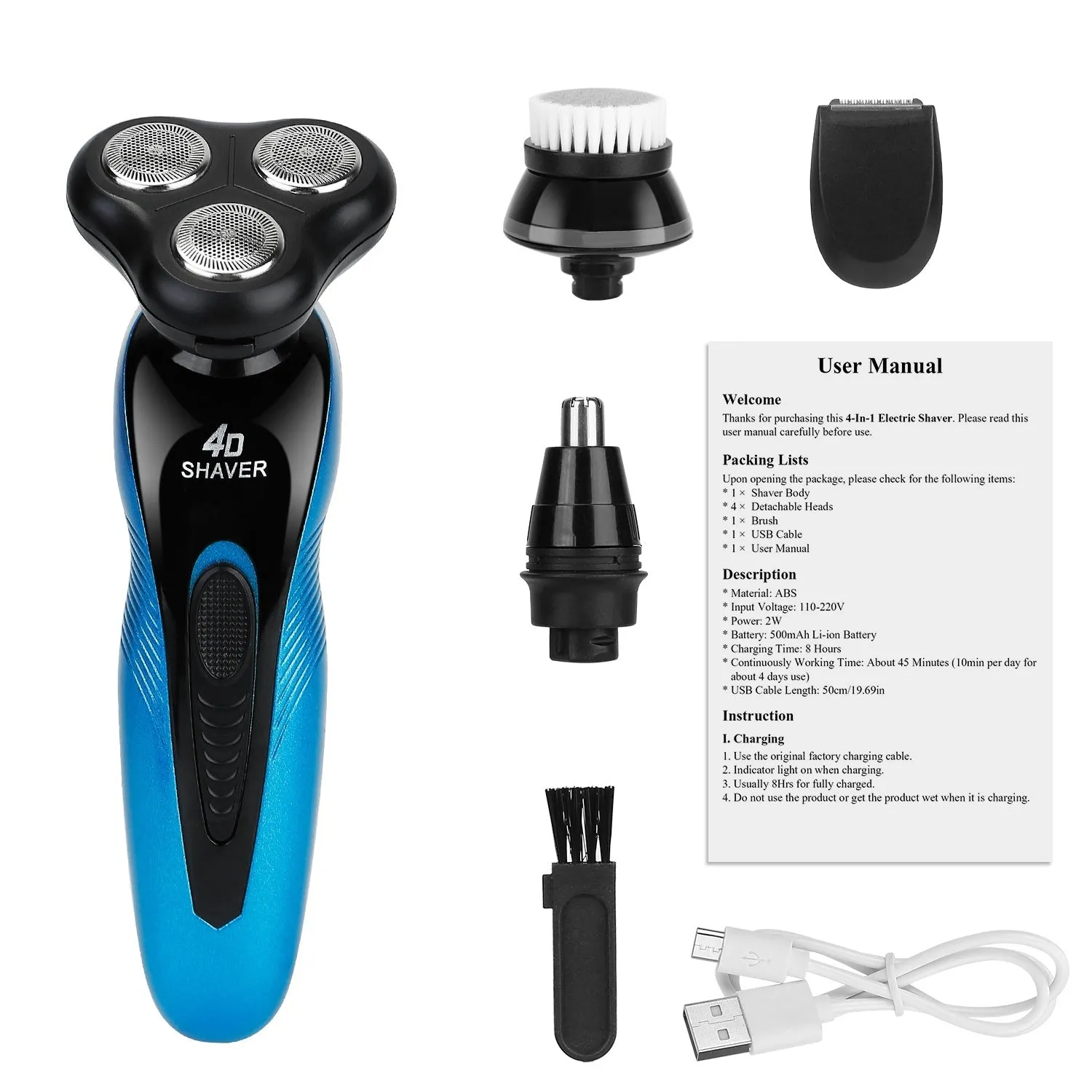 4-in-1 Electric Shaver for Men, IPX7 Waterproof, Cordless Rechargeable Razor