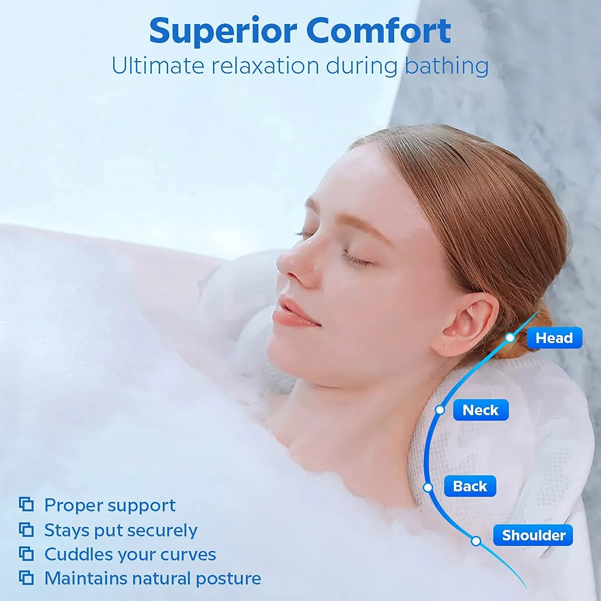ADOV Bath Pillow, Non-Slip Comfortable Luxury Bathtub Pillow with 6 Suction Cups, Ergonomic 3D Air Mesh Headrest Cushion for Head, Shoulder, Neck and Back Support Relaxation Home Spa Hot Tub Jacuzzi