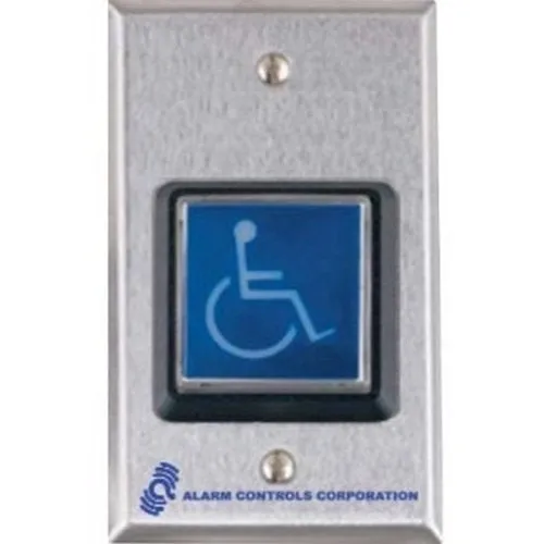 Alarm Controls TS-4-2T Request to Exit Station with Momentary DPDT Output, 2" Blue Square Push Button, ADA Symbol, Single Gang, 430 Stainless