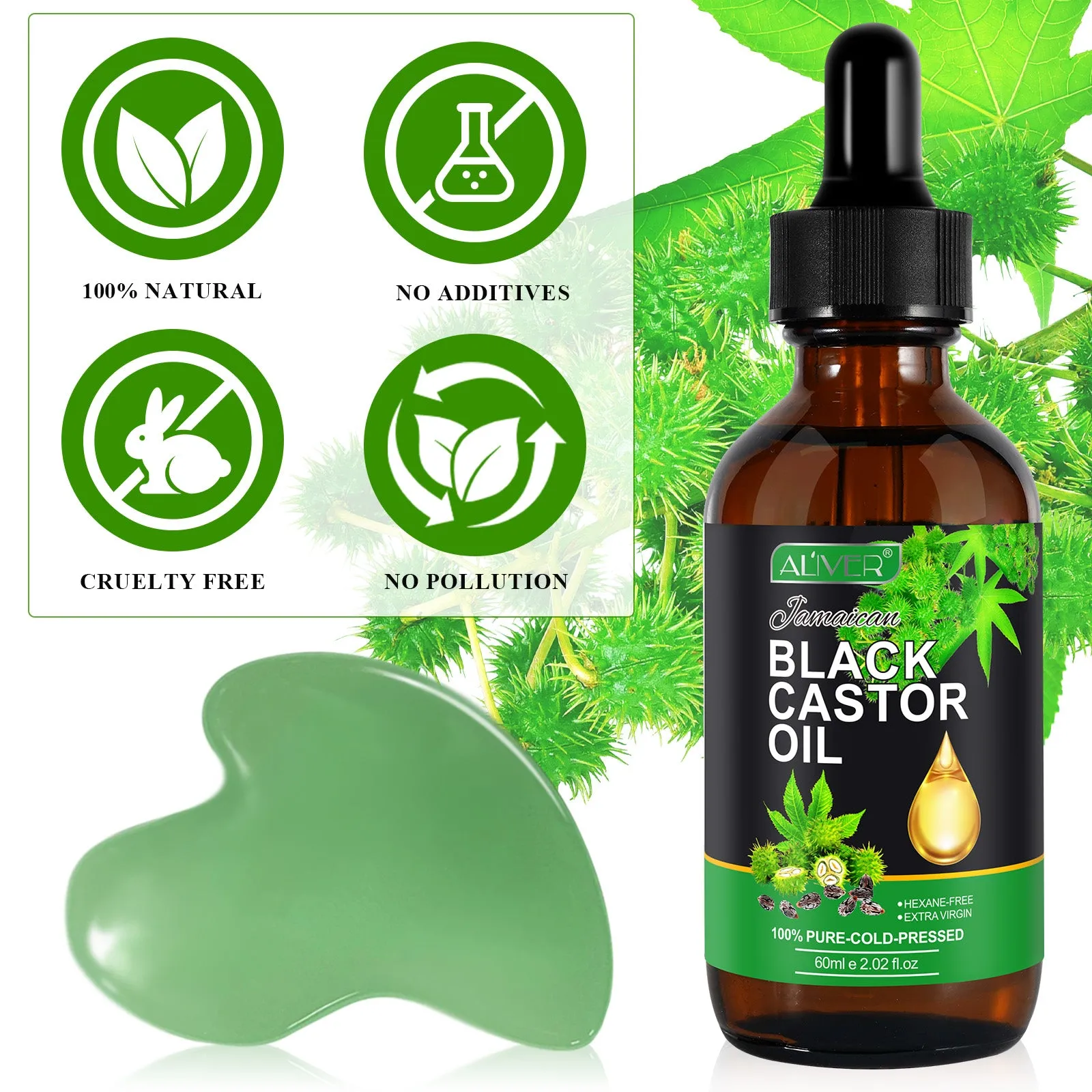 Aliver Gua Sha Tool (Green)   60ml Black Castor Massage Oil for Body