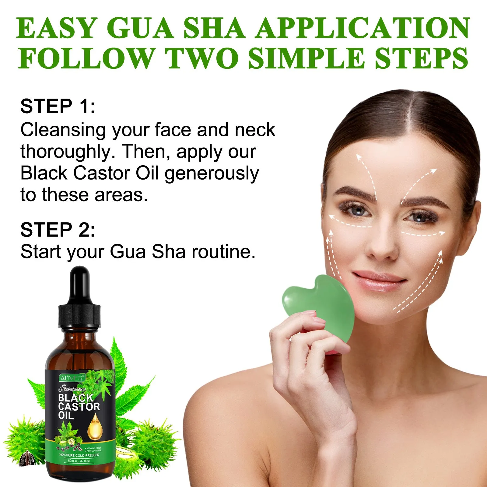 Aliver Gua Sha Tool (Green)   60ml Black Castor Massage Oil for Body