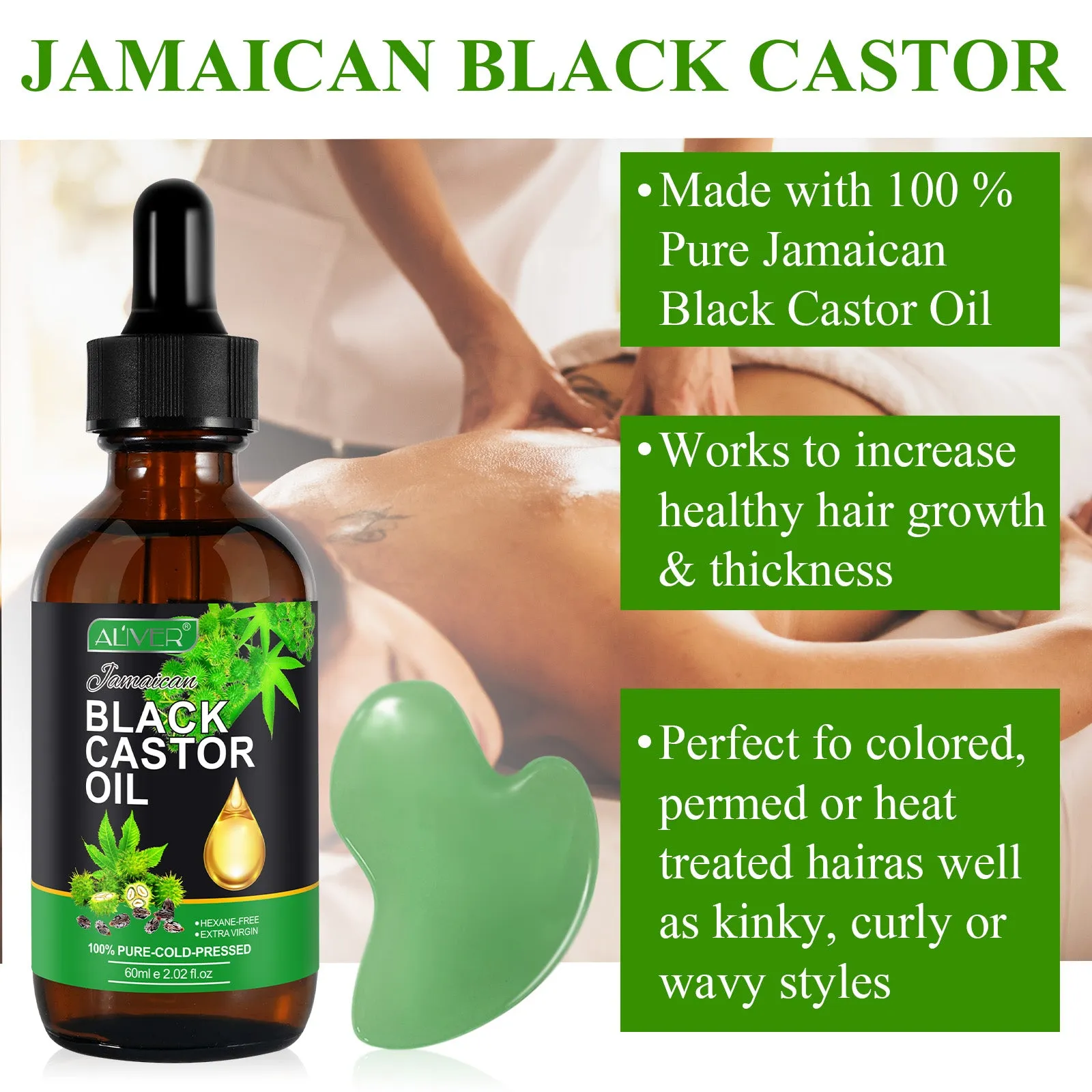 Aliver Gua Sha Tool (Green)   60ml Black Castor Massage Oil for Body