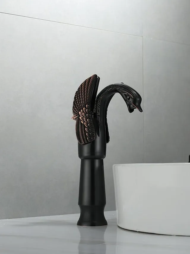 Antique Bathroom Sink Mixer Faucet, Washroom Basin Taps Brass Swan Shape Copper Electroplated Finish Vintage Style Single Handle One Hole Water Taps with Cold Hot Hose