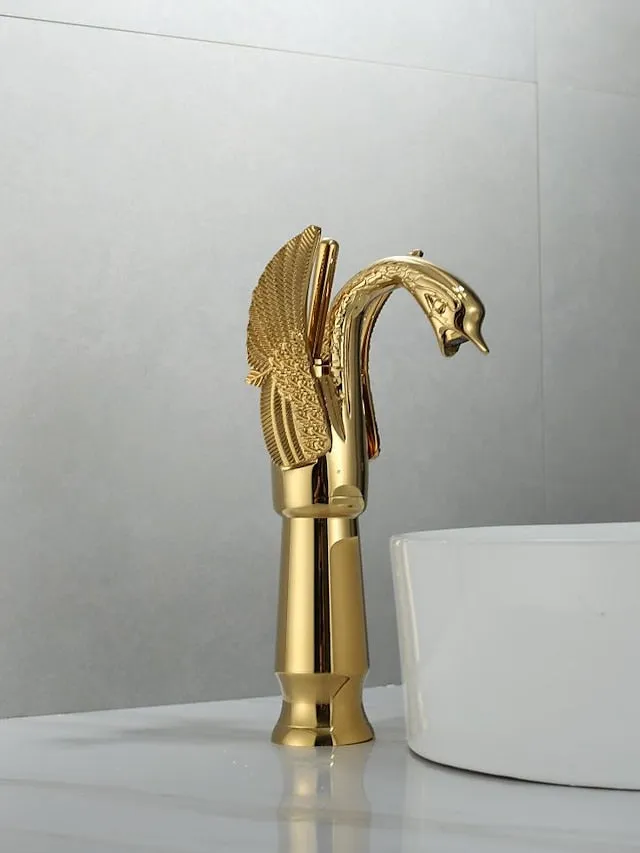 Antique Bathroom Sink Mixer Faucet, Washroom Basin Taps Brass Swan Shape Copper Electroplated Finish Vintage Style Single Handle One Hole Water Taps with Cold Hot Hose