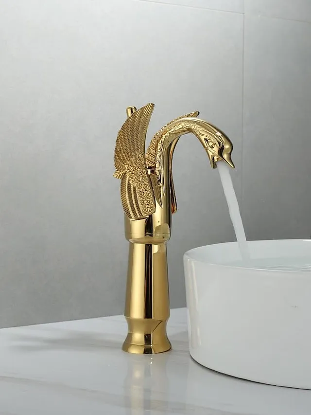 Antique Bathroom Sink Mixer Faucet, Washroom Basin Taps Brass Swan Shape Copper Electroplated Finish Vintage Style Single Handle One Hole Water Taps with Cold Hot Hose