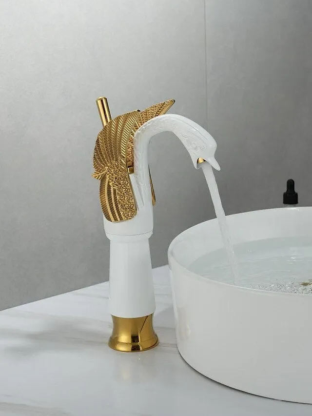 Antique Bathroom Sink Mixer Faucet, Washroom Basin Taps Brass Swan Shape Copper Electroplated Finish Vintage Style Single Handle One Hole Water Taps with Cold Hot Hose