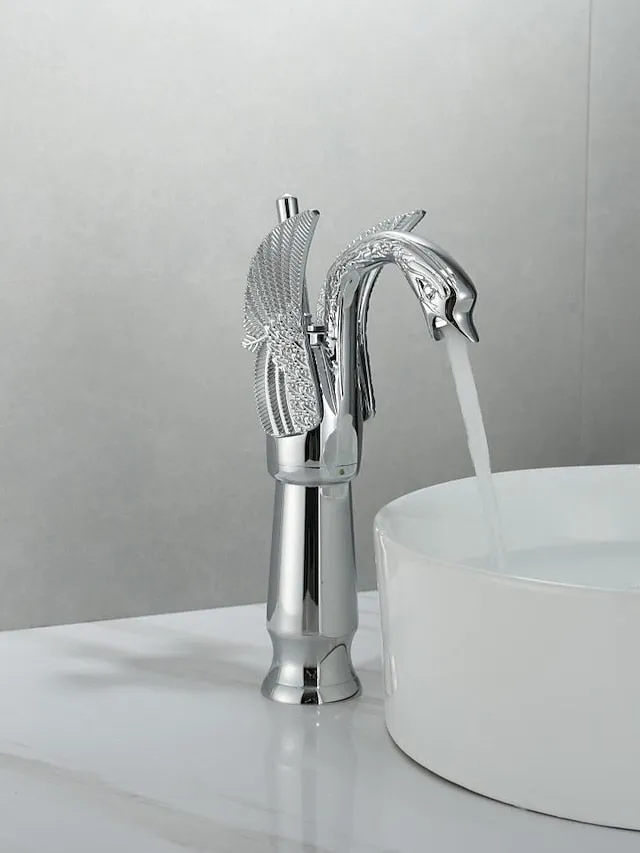 Antique Bathroom Sink Mixer Faucet, Washroom Basin Taps Brass Swan Shape Copper Electroplated Finish Vintage Style Single Handle One Hole Water Taps with Cold Hot Hose