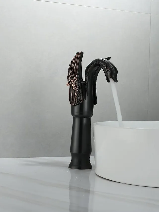 Antique Bathroom Sink Mixer Faucet, Washroom Basin Taps Brass Swan Shape Copper Electroplated Finish Vintage Style Single Handle One Hole Water Taps with Cold Hot Hose