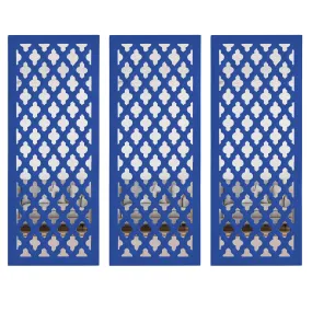 ANTIQUE HOUSE IN Wall Mirror Decor Panel Wooden Hanging Jharokha Rectangular Wall Decor Frame for Living Room, Bed Room [30 x 12 Inch, Blue-Pack of 3]