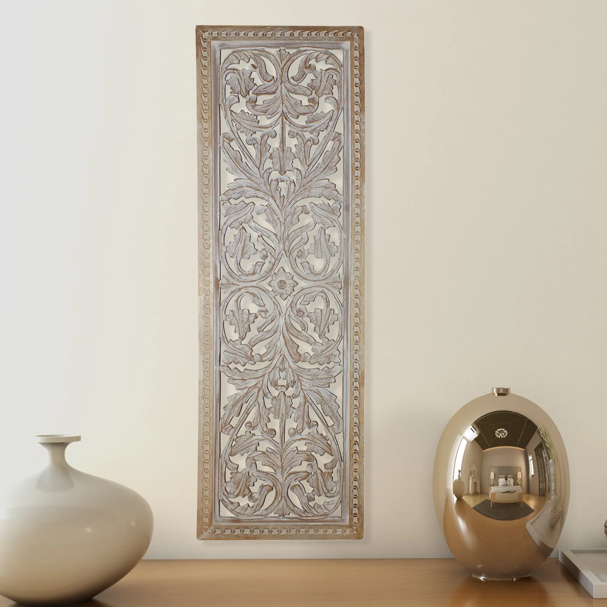 Attractive Mango Wood Wall Panel Hand Crafted With Intricate Details, White
