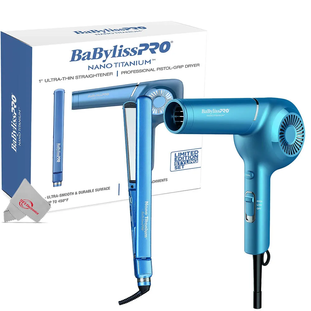 BaByliss Pro Nano Titanium 1" Ultra-Thin Straightener & Professional Pistol-Grip Hair Dryer with Conair Pro Ceramic Tools Large Round Brush 2½"