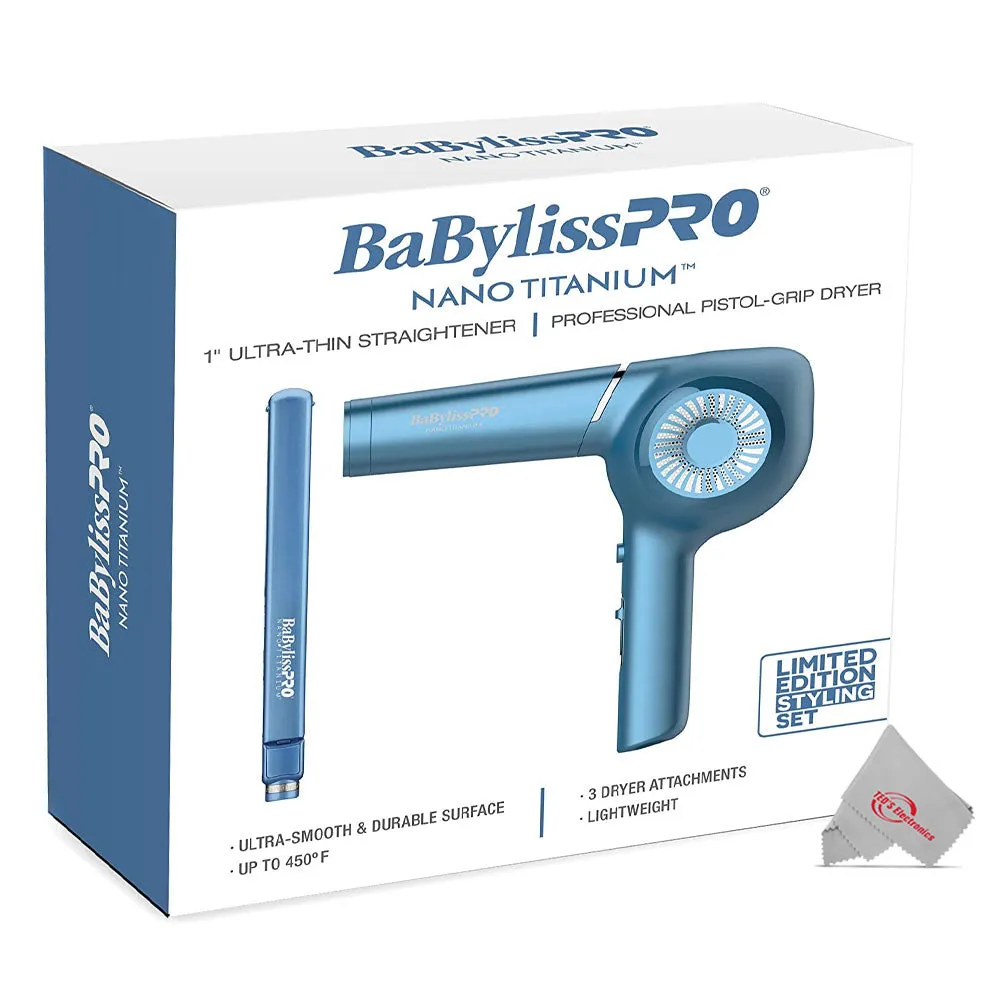 BaByliss Pro Nano Titanium 1" Ultra-Thin Straightener & Professional Pistol-Grip Hair Dryer with Conair Pro Ceramic Tools Large Round Brush 2½"