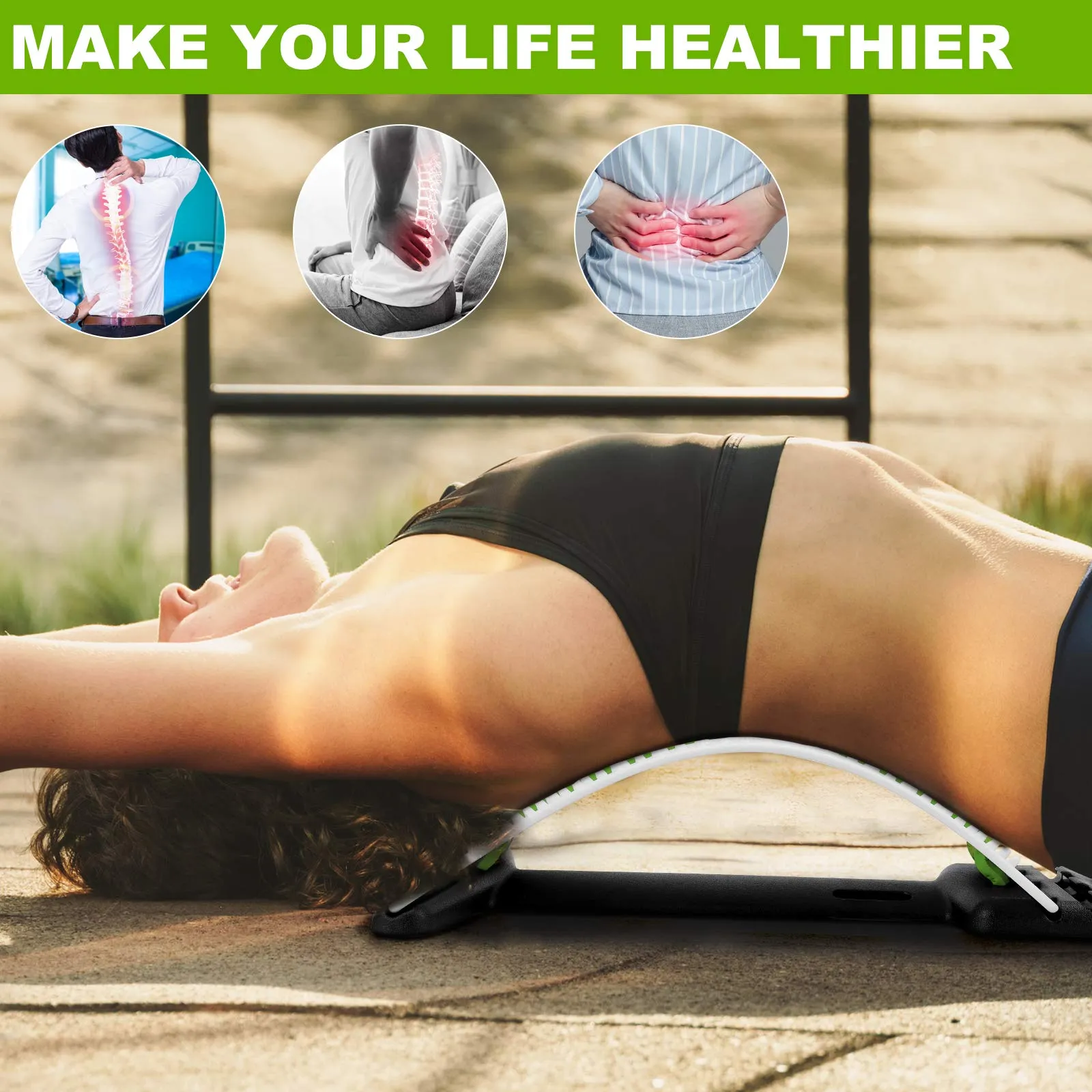 Back Stretcher - Lower and Upper Back Pain Relief, Lumbar Stretching Device，Posture Corrector - Back Support for Office Chair | Get Muscle Tension (White/Green) White/Green