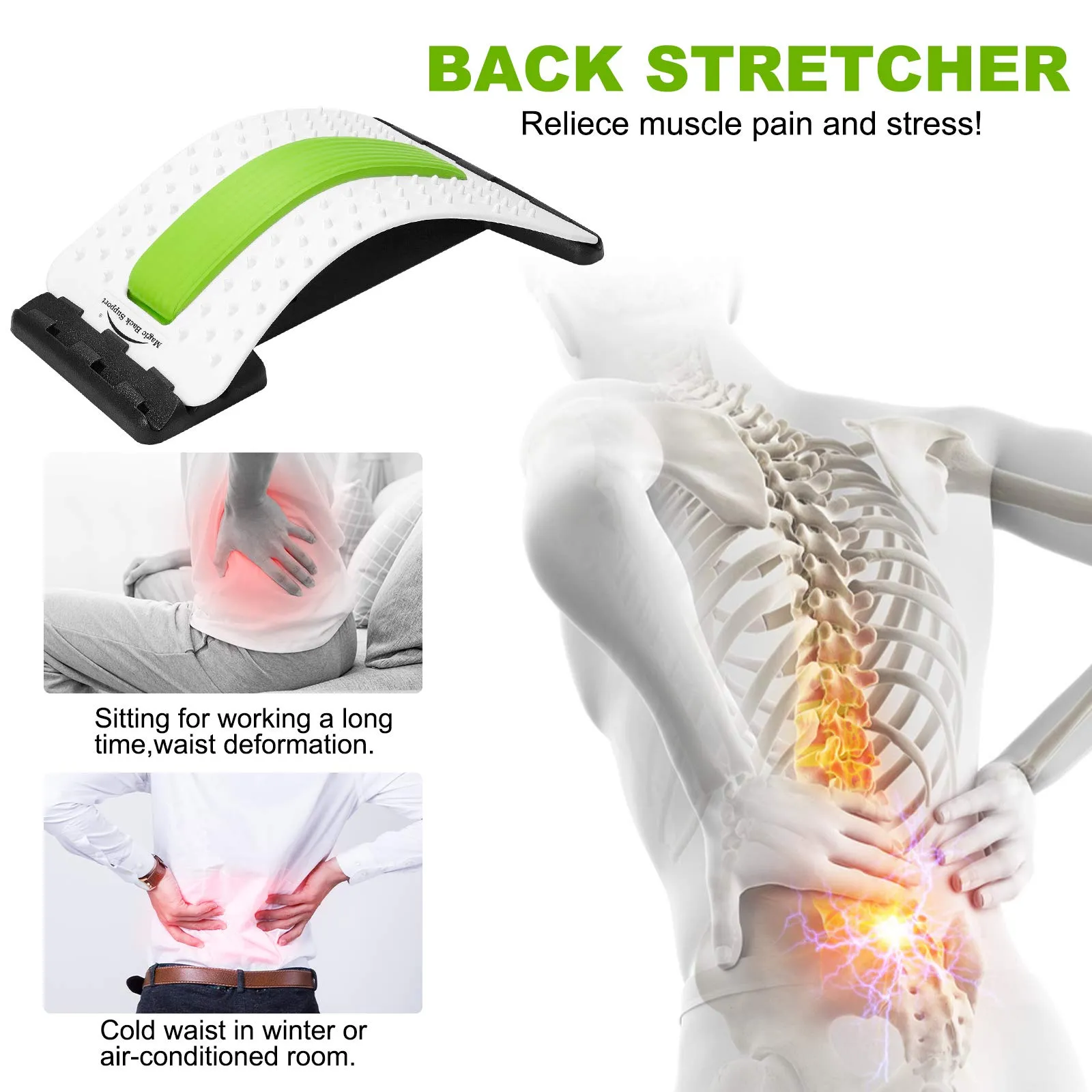Back Stretcher - Lower and Upper Back Pain Relief, Lumbar Stretching Device，Posture Corrector - Back Support for Office Chair | Get Muscle Tension (White/Green) White/Green