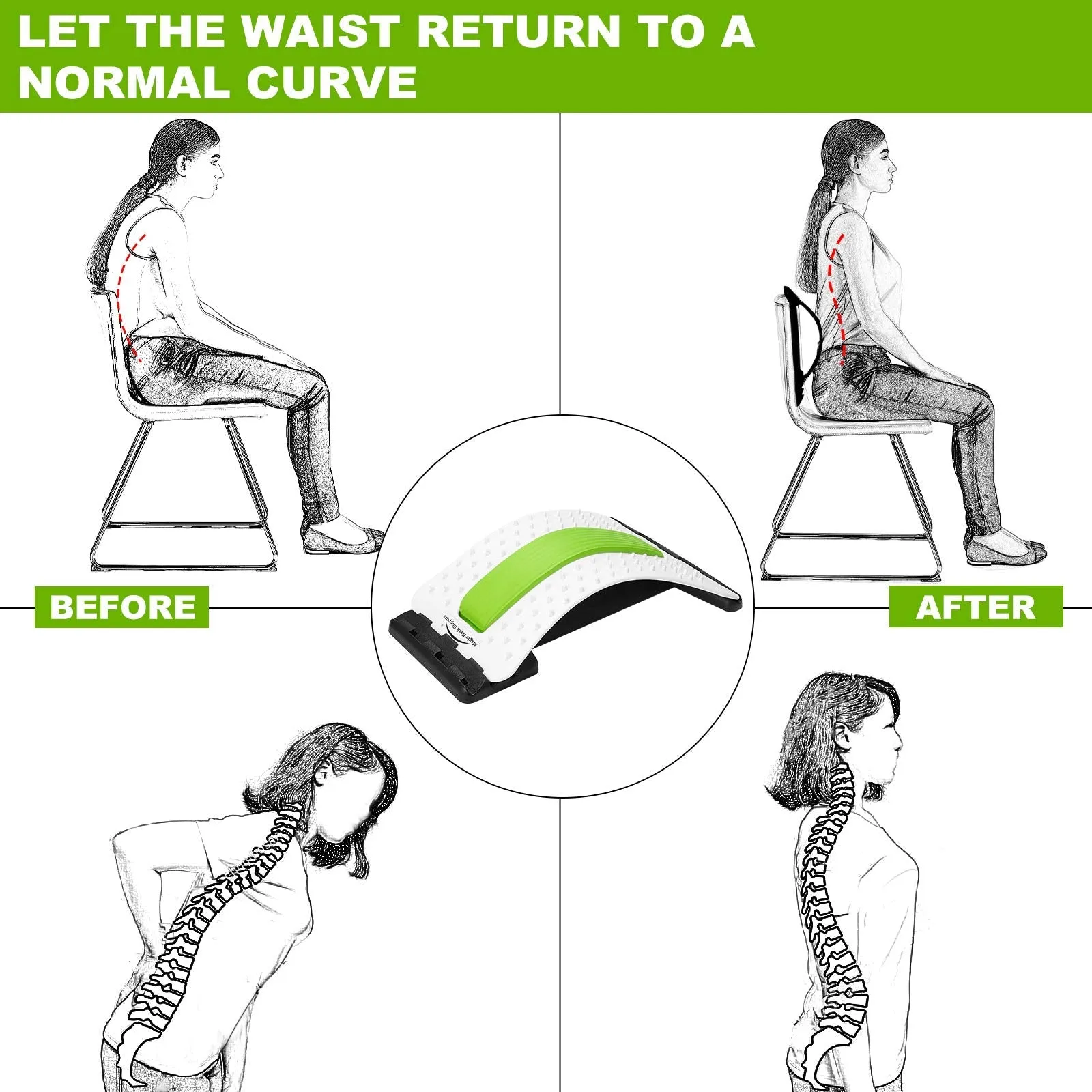Back Stretcher - Lower and Upper Back Pain Relief, Lumbar Stretching Device，Posture Corrector - Back Support for Office Chair | Get Muscle Tension (White/Green) White/Green
