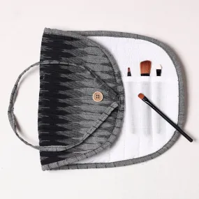 Black - Ikat Fabric Multipurpose Segmented Make-up Brush Wrap Pouch/Case