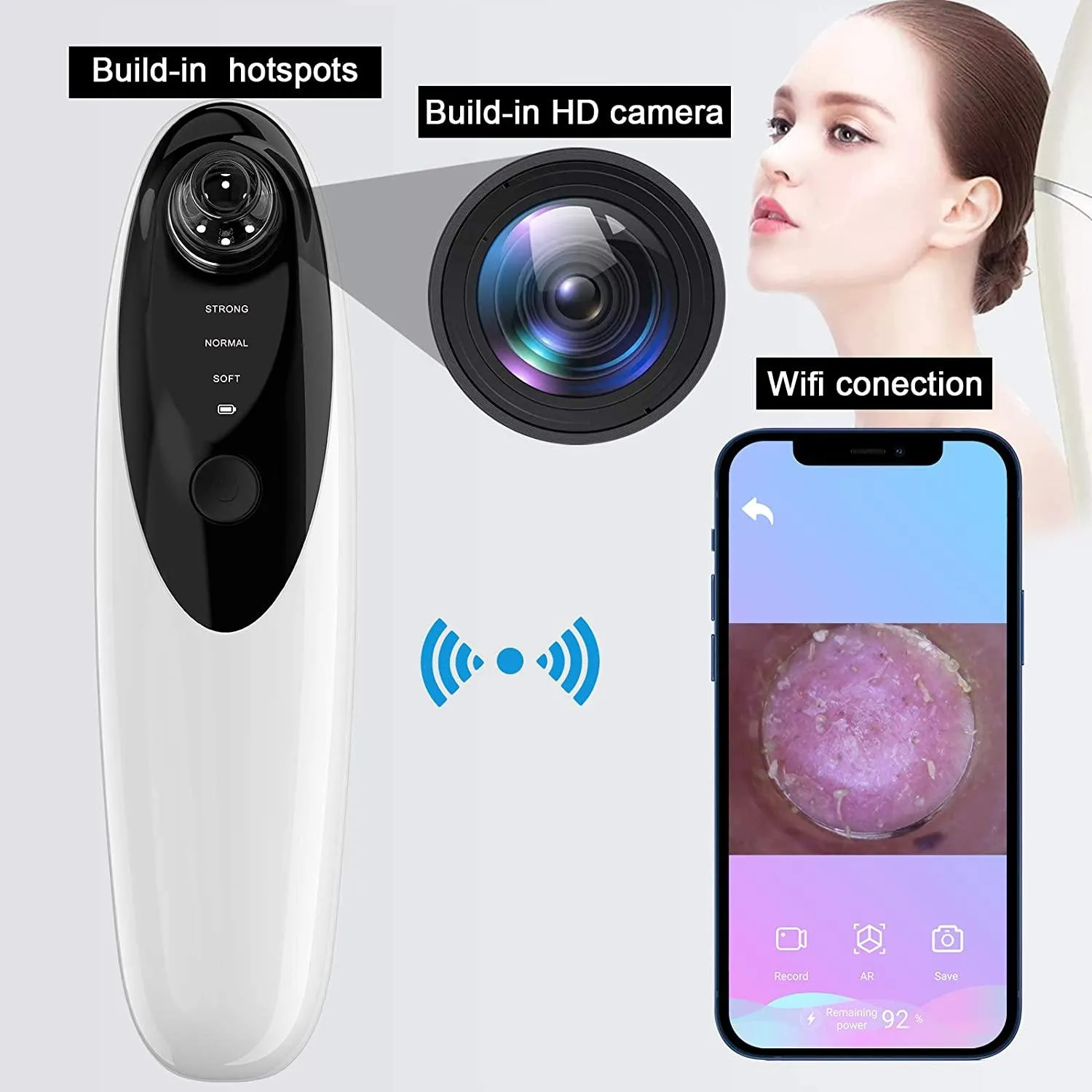 Blackhead Remover Vacuum with WiFi Camera, x10 Zoom Microscope Facial Tools with 3 Blackhead Sucker, Electric Blackhead Remover