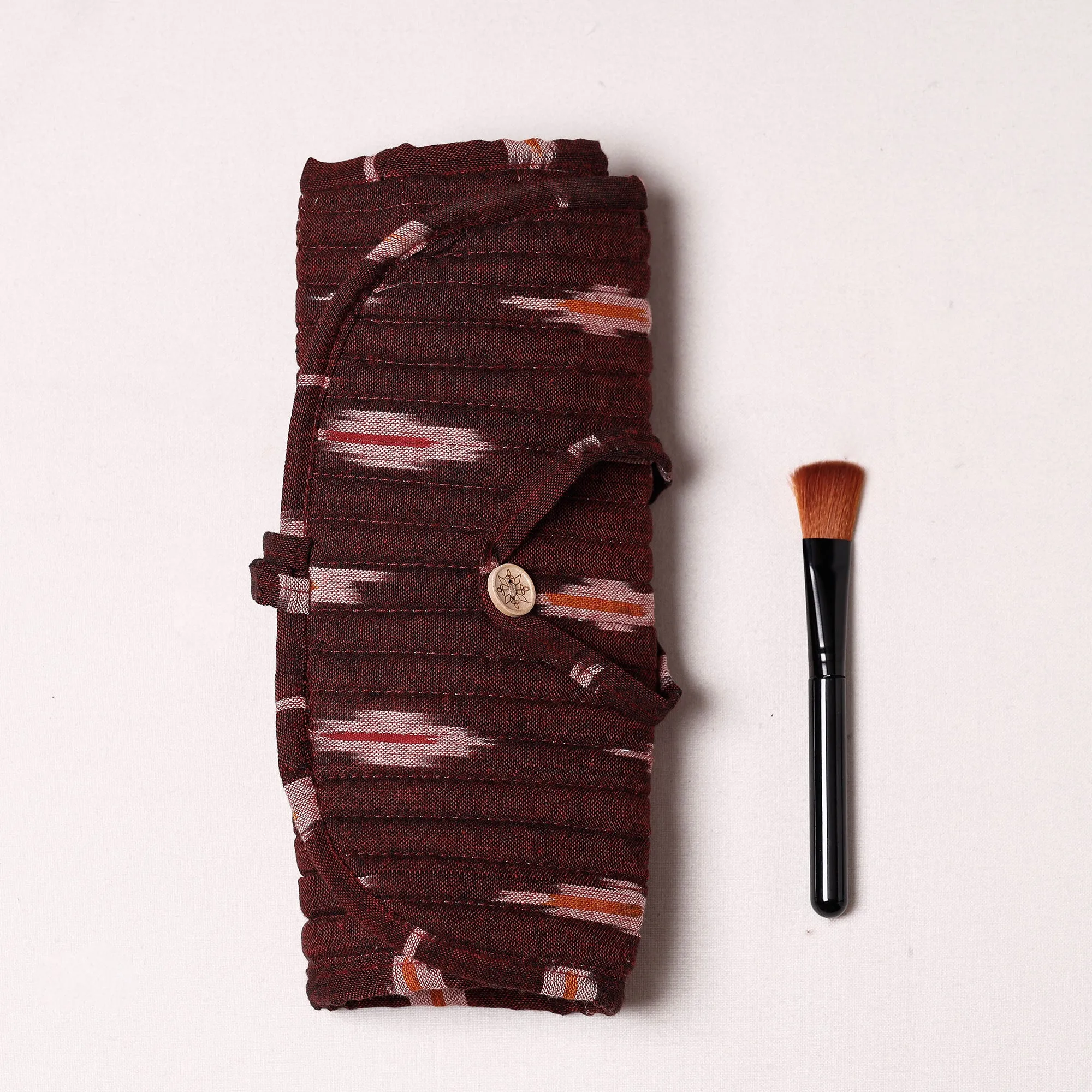 Brown - Ikat Fabric Multipurpose Segmented Make-up Brush Wrap Pouch/Case