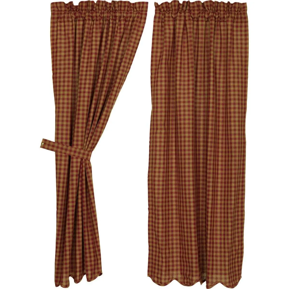 Burgundy Check Scalloped Lined Short Panel Curtains 63"