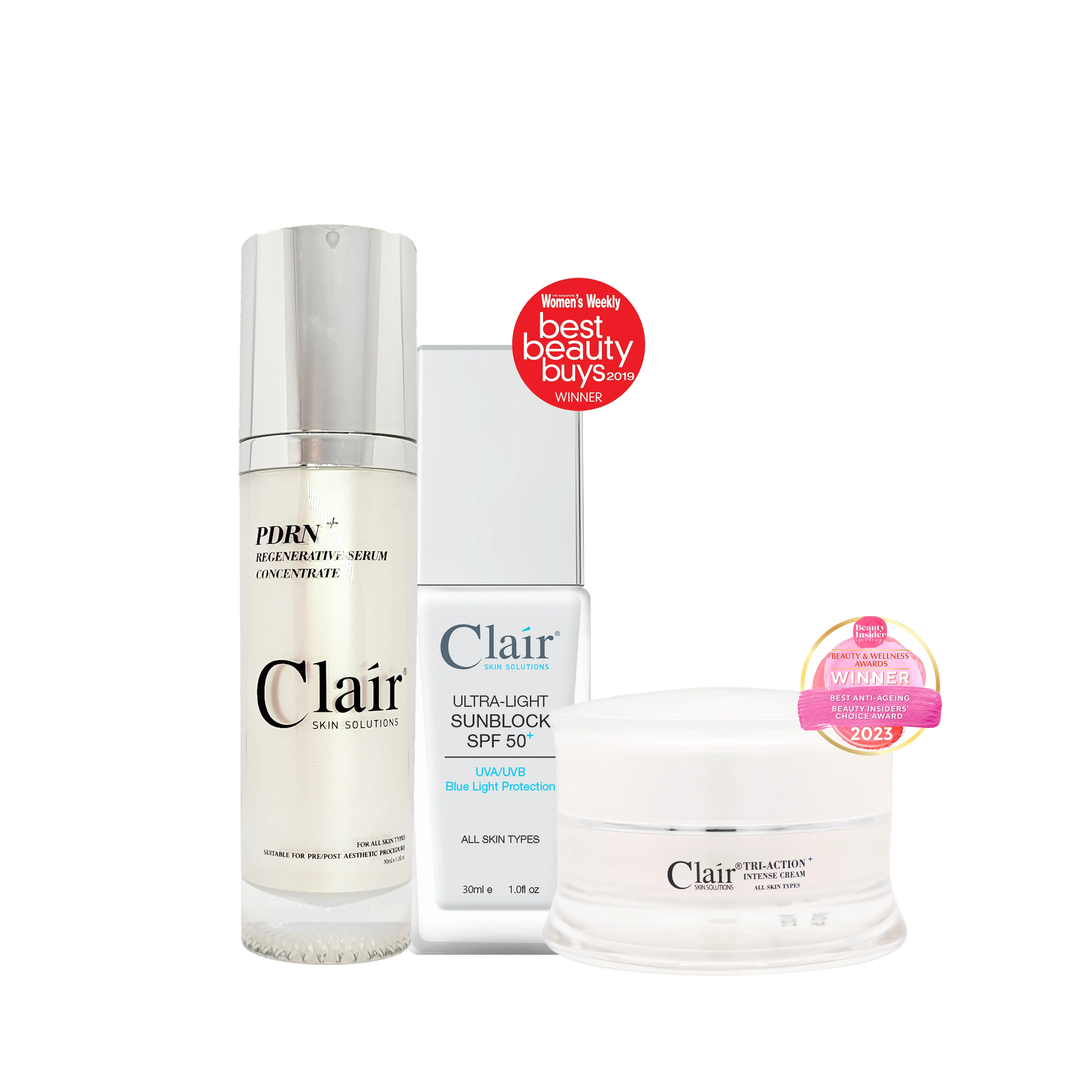 Clair Skin Solutions PDRN  Regenerative Serum 30ml & Tri-Action  Intense Cream 15ml get Ultra-light Sunblock SPF 50  30ml