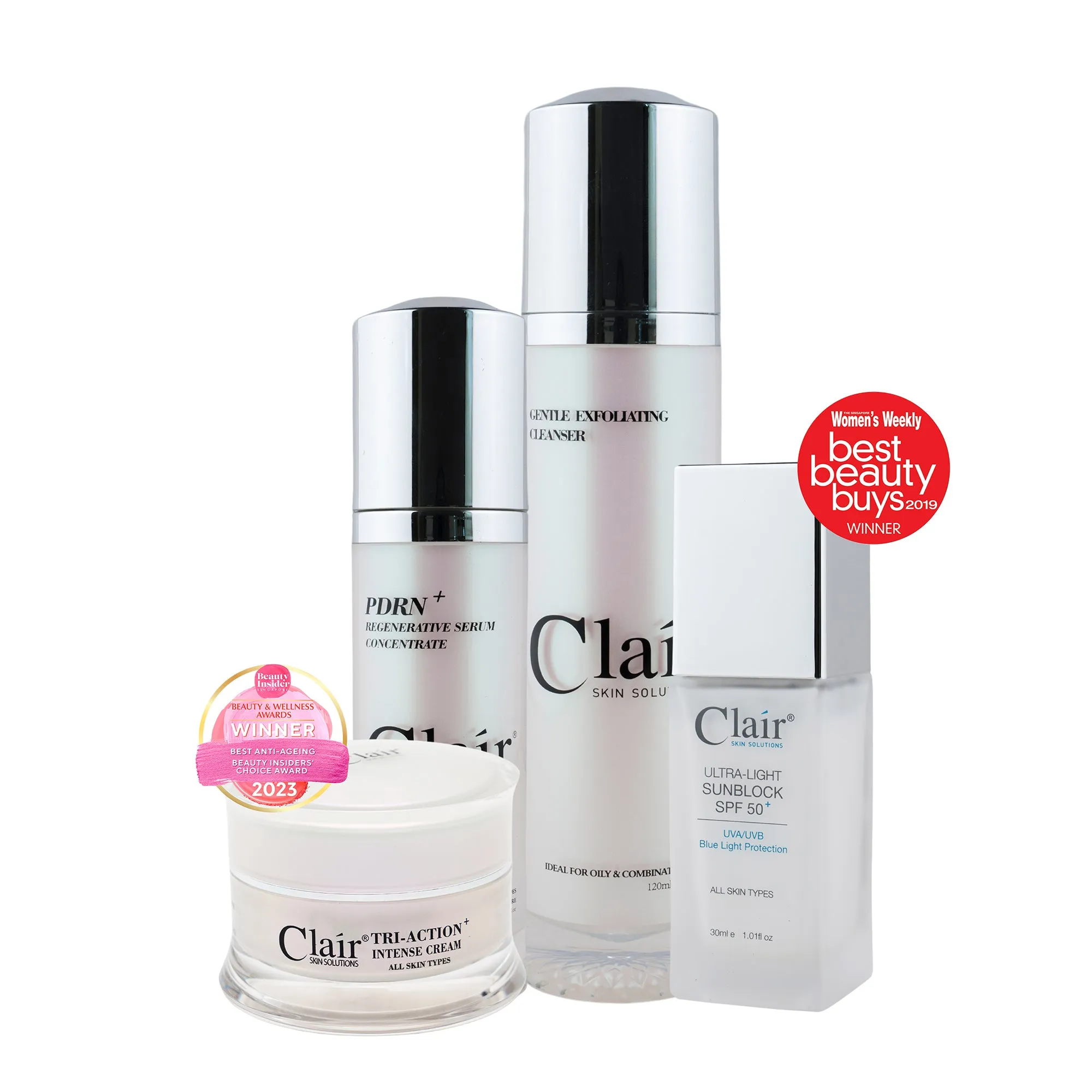Clair Skin Solutions PDRN  Regenerative Serum Concentrate & Tri-Action  Intense Cream 30ml GET Gentle Exfoliating Cleanser 120ml & Ultra-Light Sunblock SPF 50  30ml