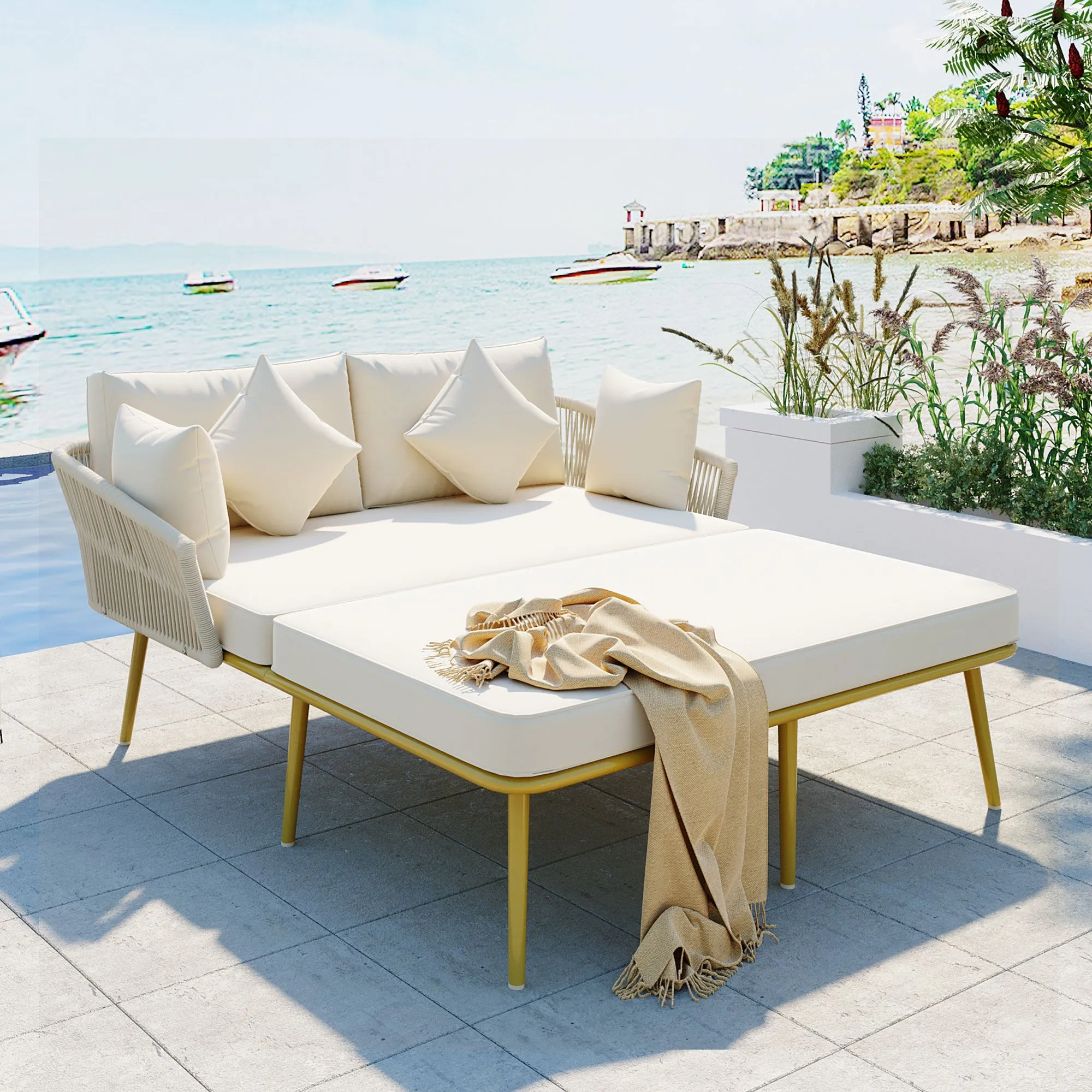 Easton Woven Nylon Rope Backrest Outdoor Patio Daybed - Beige Gold
