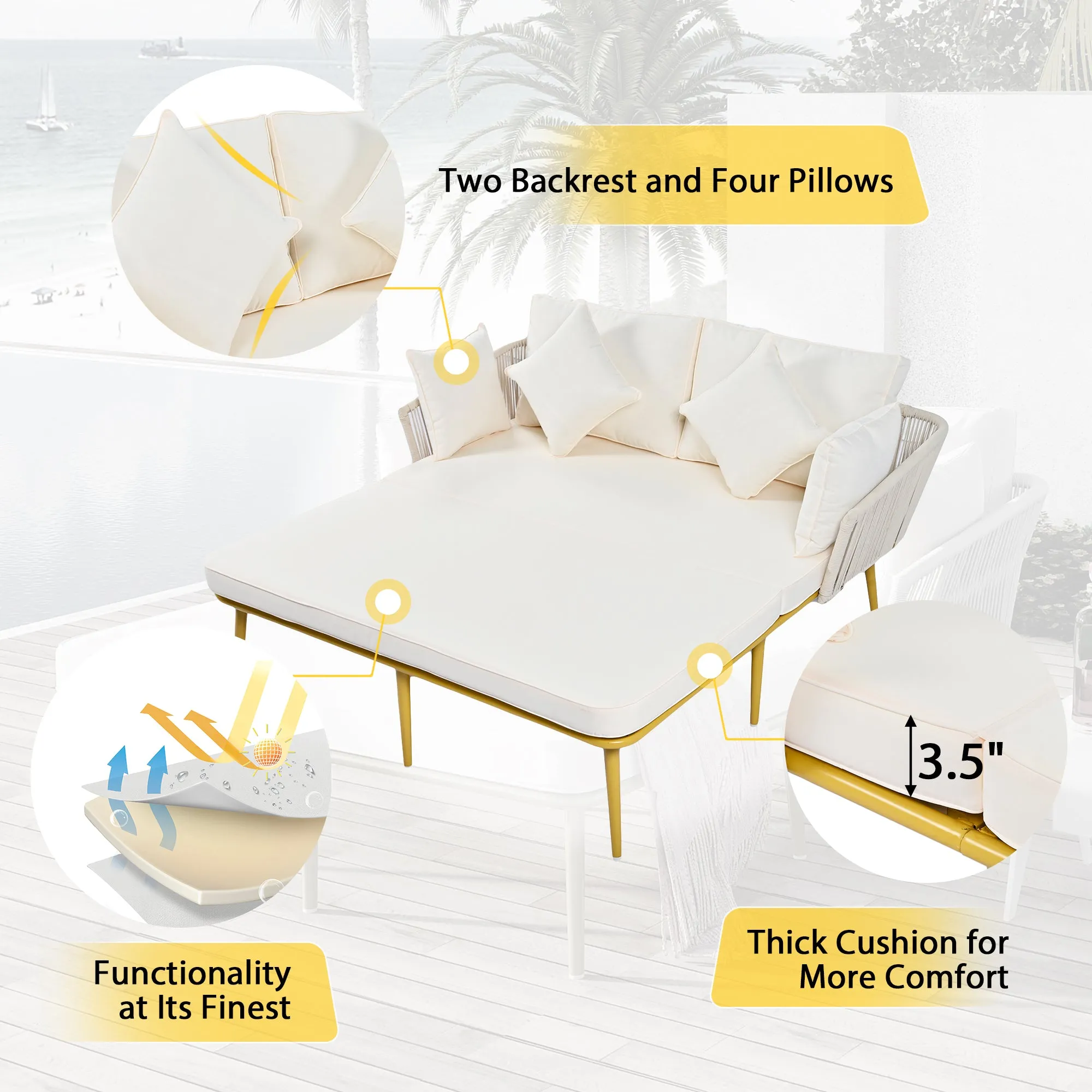 Easton Woven Nylon Rope Backrest Outdoor Patio Daybed - Beige Gold