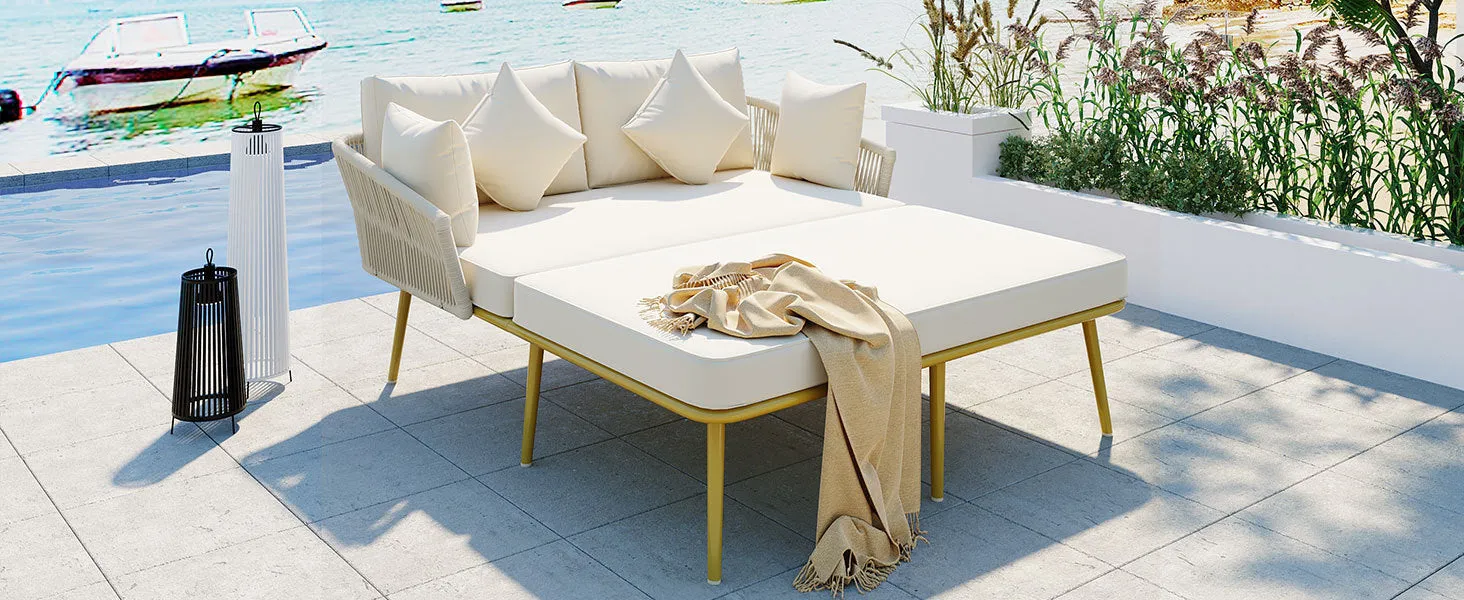 Easton Woven Nylon Rope Backrest Outdoor Patio Daybed - Beige Gold