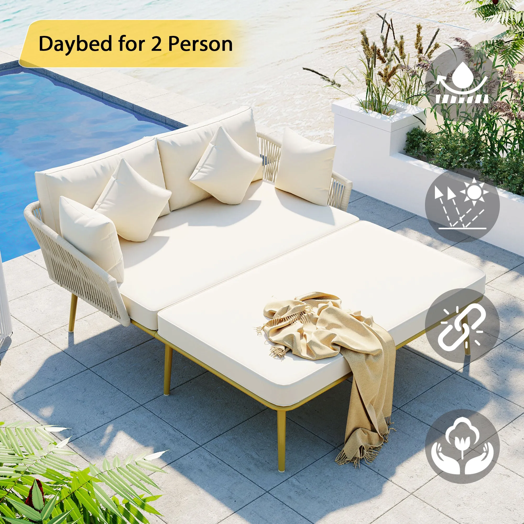 Easton Woven Nylon Rope Backrest Outdoor Patio Daybed - Beige Gold