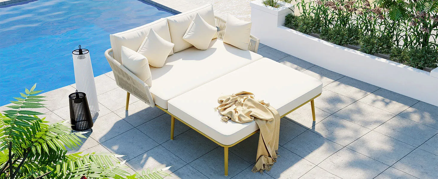 Easton Woven Nylon Rope Backrest Outdoor Patio Daybed - Beige Gold