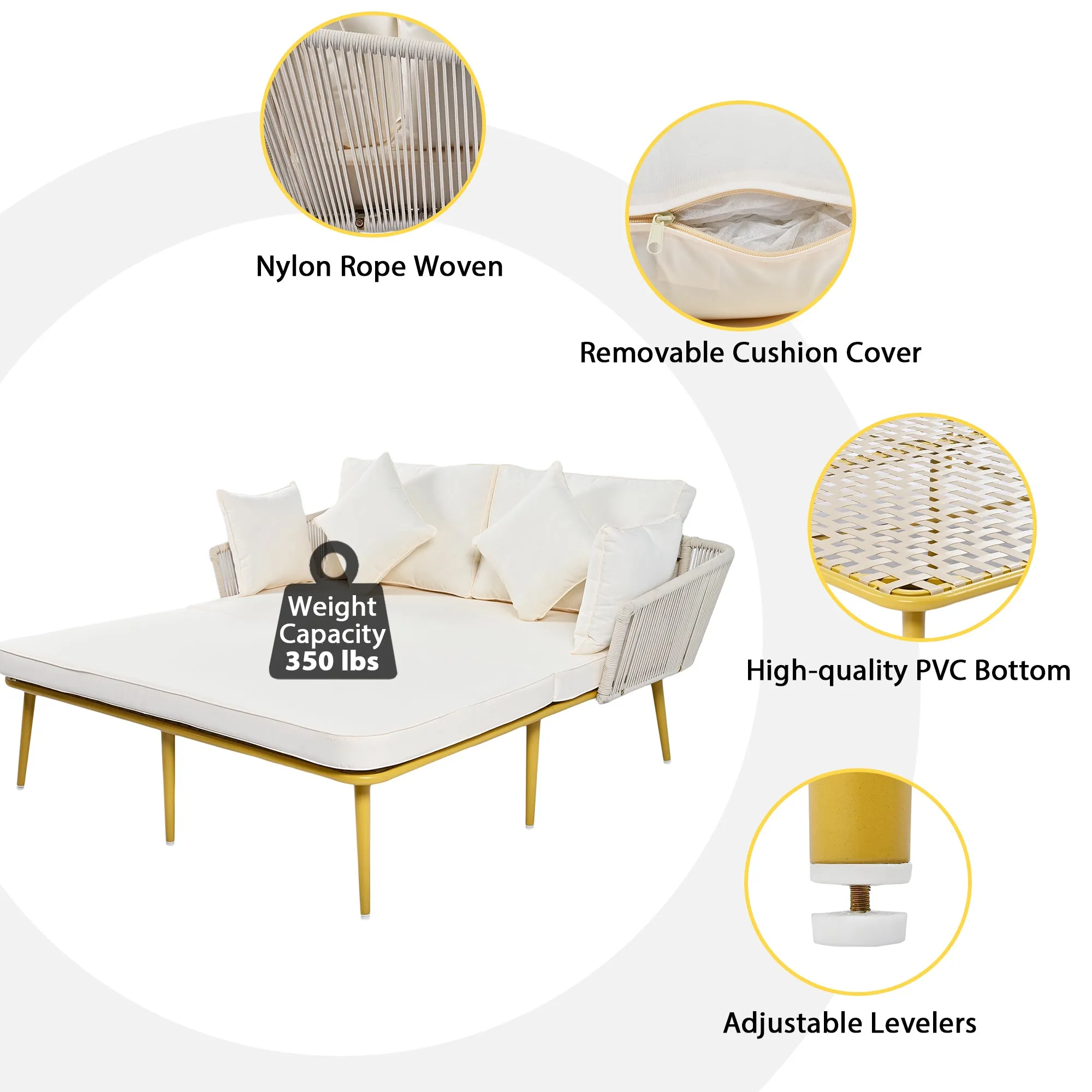 Easton Woven Nylon Rope Backrest Outdoor Patio Daybed - Beige Gold