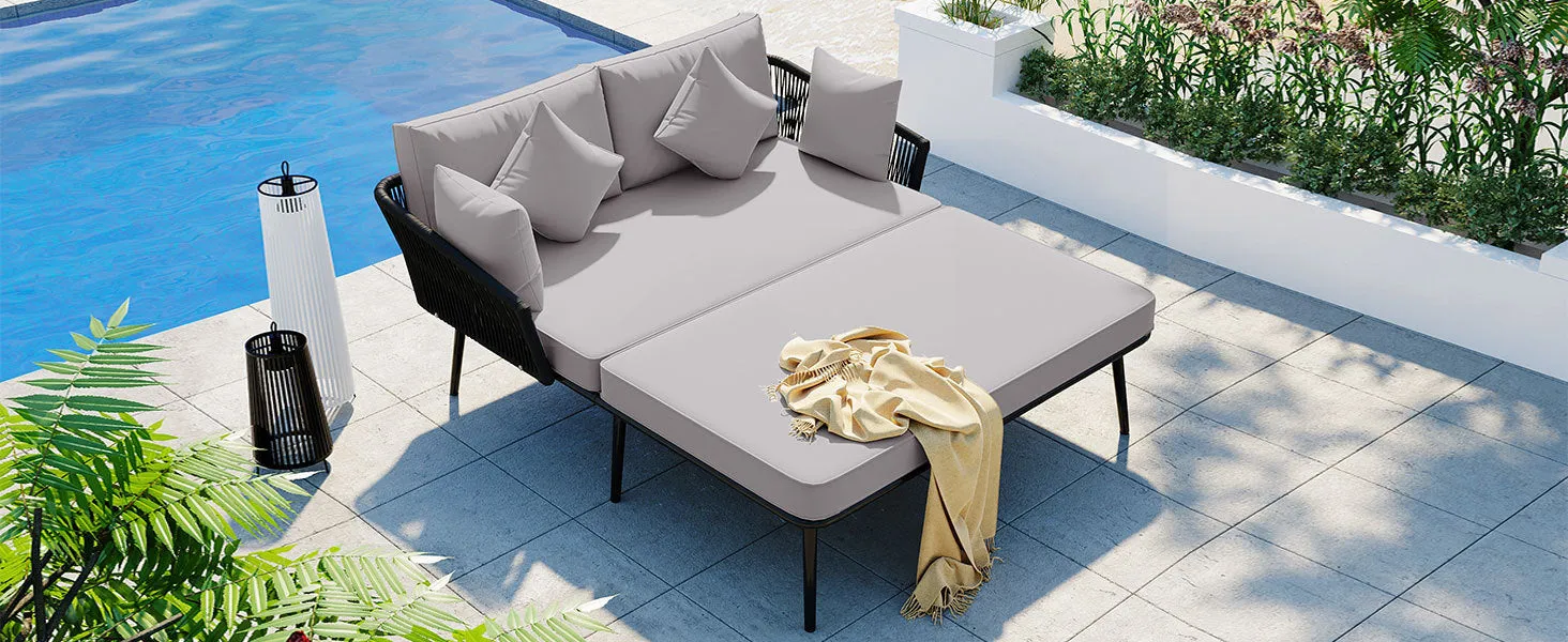 Easton Woven Nylon Rope Backrest Outdoor Patio Daybed - Black Gray