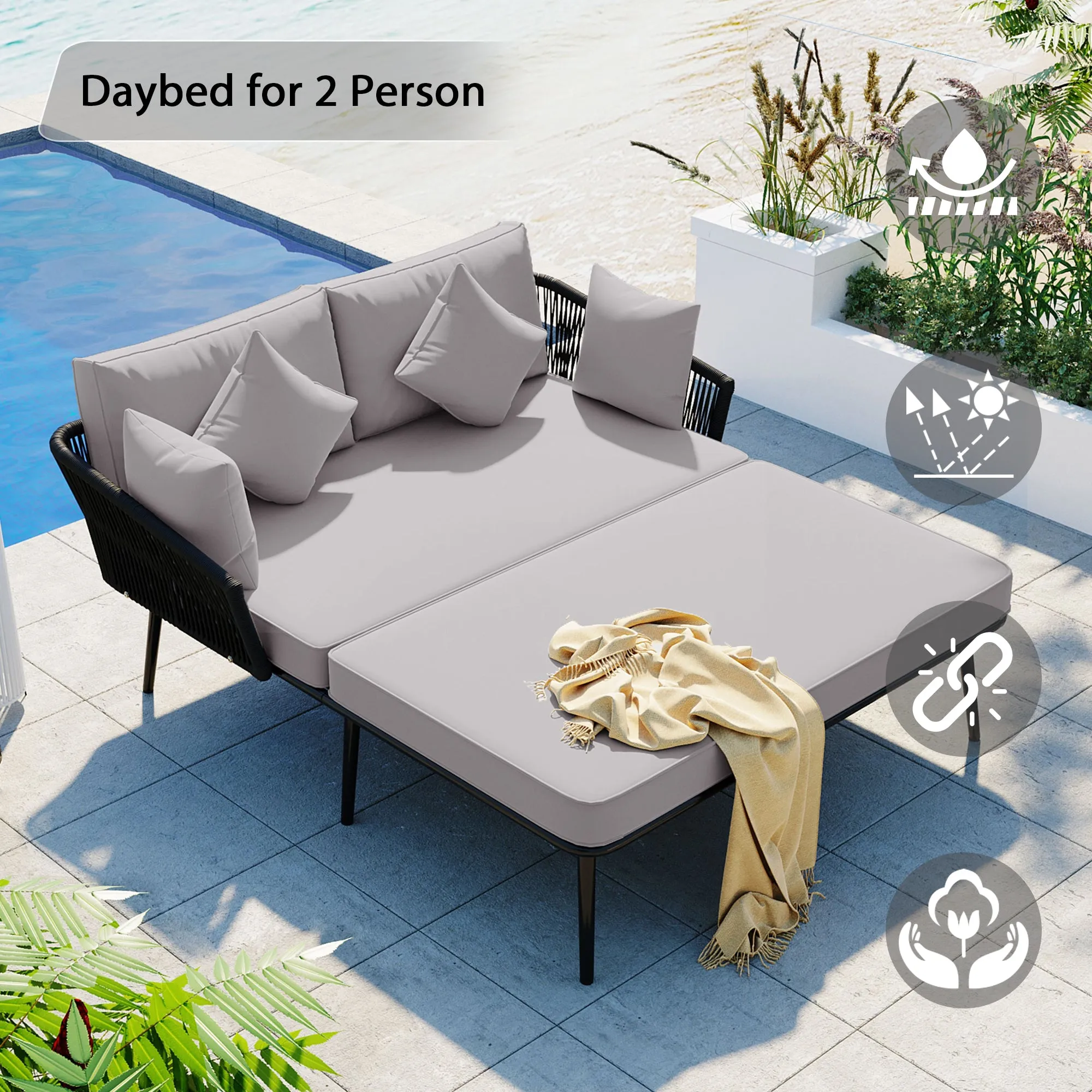 Easton Woven Nylon Rope Backrest Outdoor Patio Daybed - Black Gray