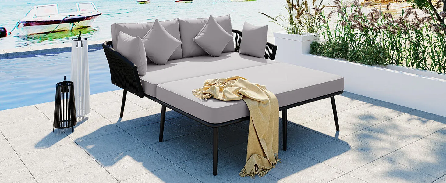 Easton Woven Nylon Rope Backrest Outdoor Patio Daybed - Black Gray