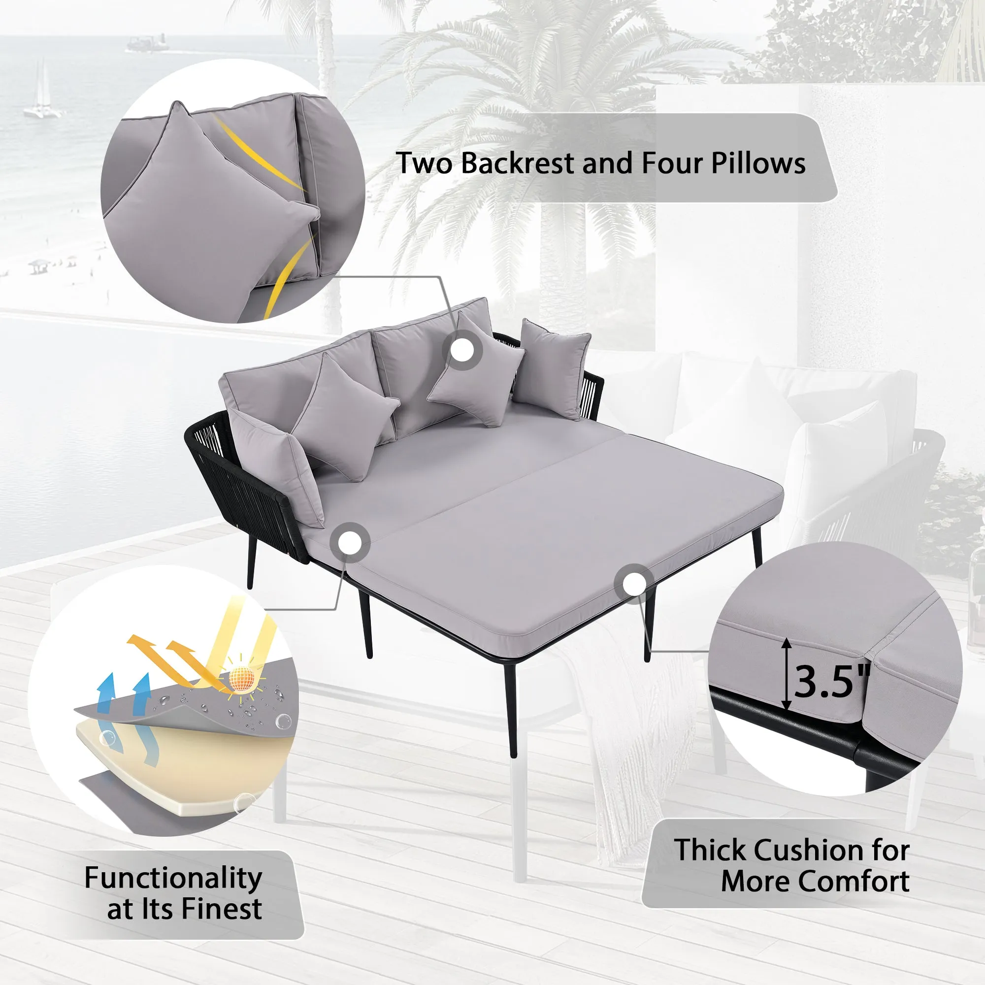 Easton Woven Nylon Rope Backrest Outdoor Patio Daybed - Black Gray