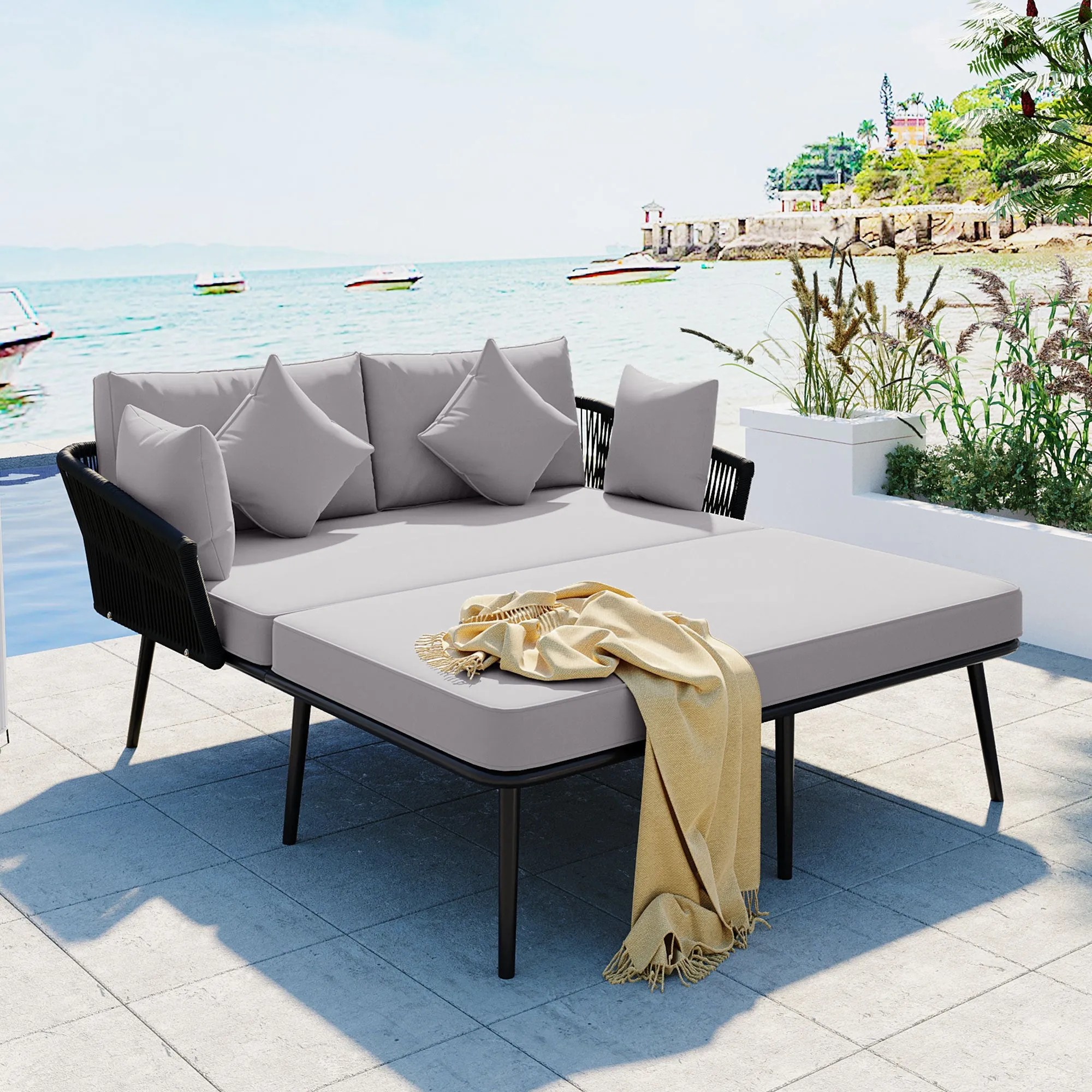 Easton Woven Nylon Rope Backrest Outdoor Patio Daybed - Black Gray