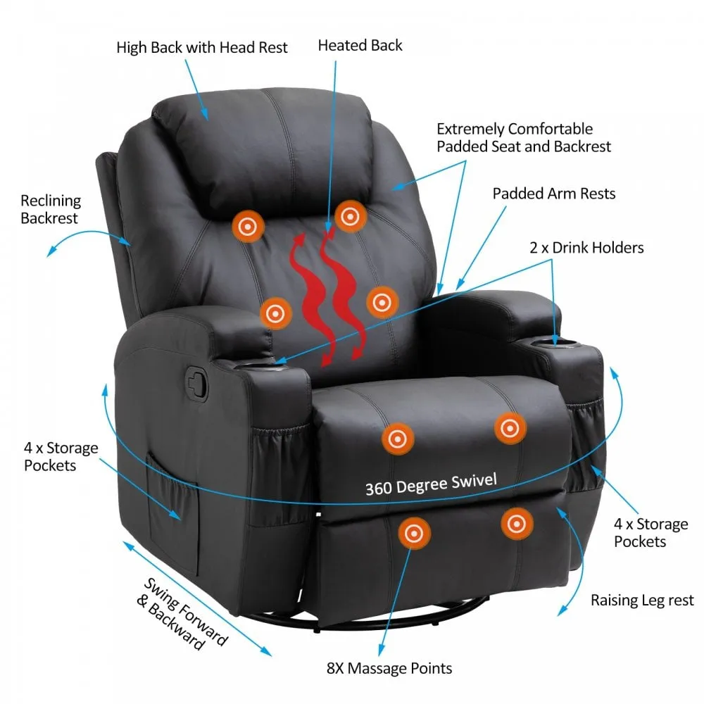 Electric Massage Recliner Chair PU Leather Black Luxury Sofa Armchair Cinema Rocking Swivel Heated Nursing Gaming Thick