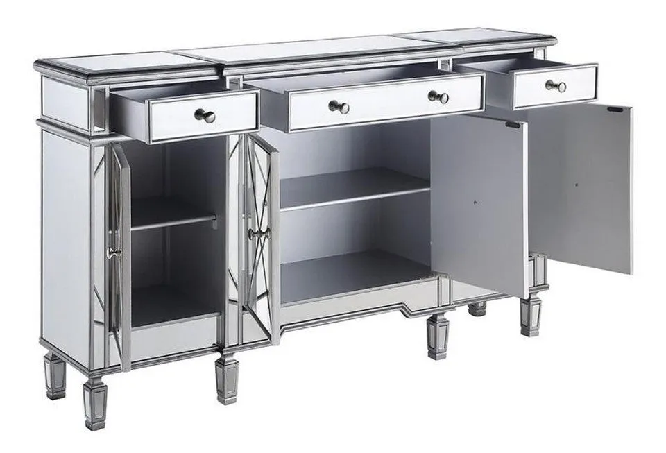 Elegant 3 Drawer 4 Door Cabinet 60 In. X 14 In. X 36 In. In Silver Clear