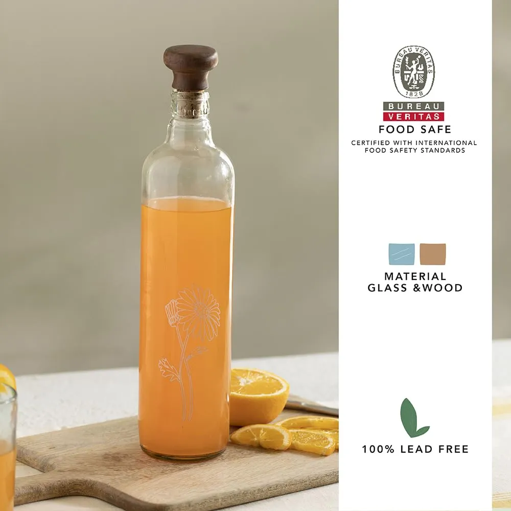 Ellementry Daisy Glass Bottle with Cork (750 ML)| Water and Milk Bottle for Fridge | Clear and Transparent Bottles for Home and Office | BPA Free | Stylish and Premium Wine Bottle- Set of 3