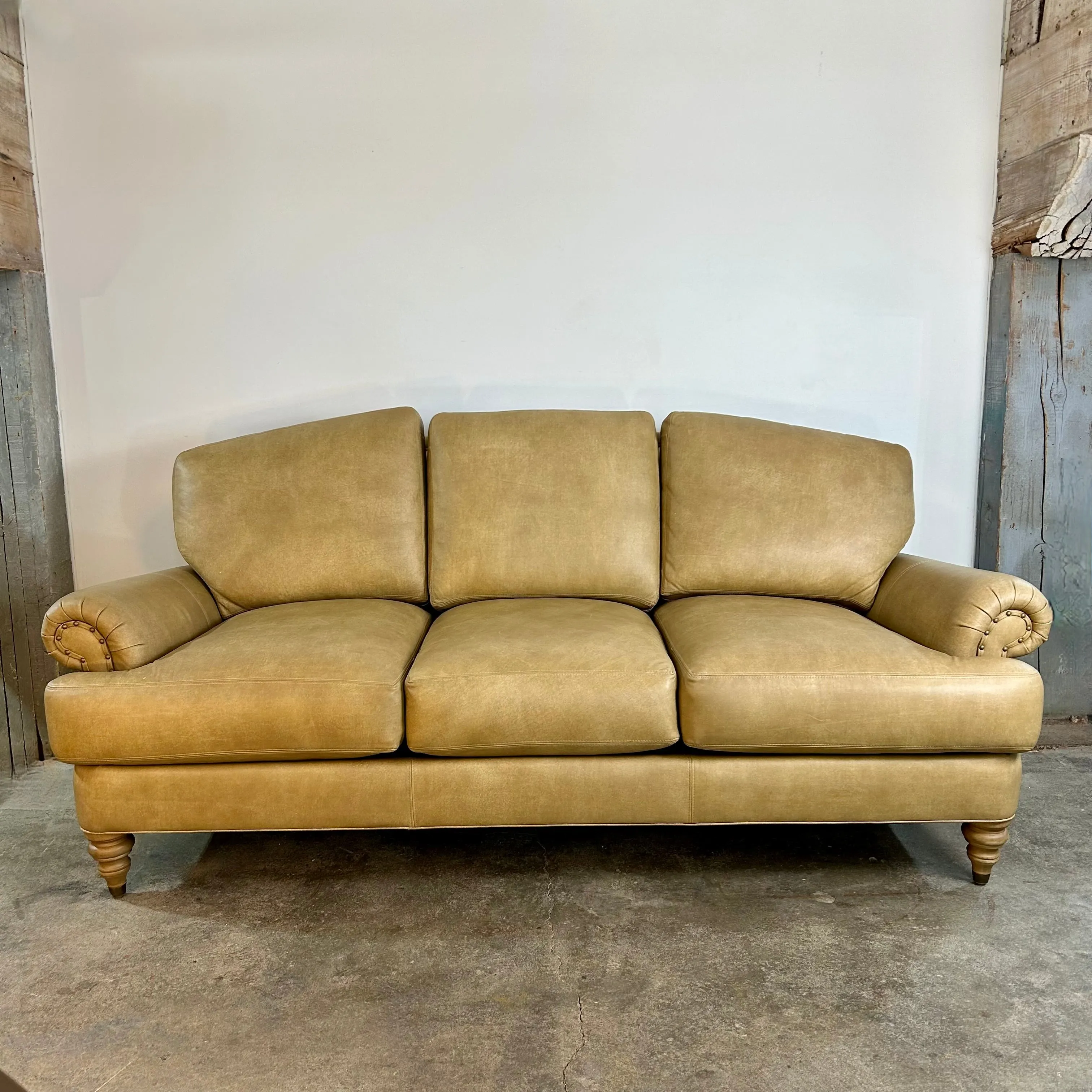 Ethan Allen Leather Sofa with Rolled Arms with Nailhead Trim