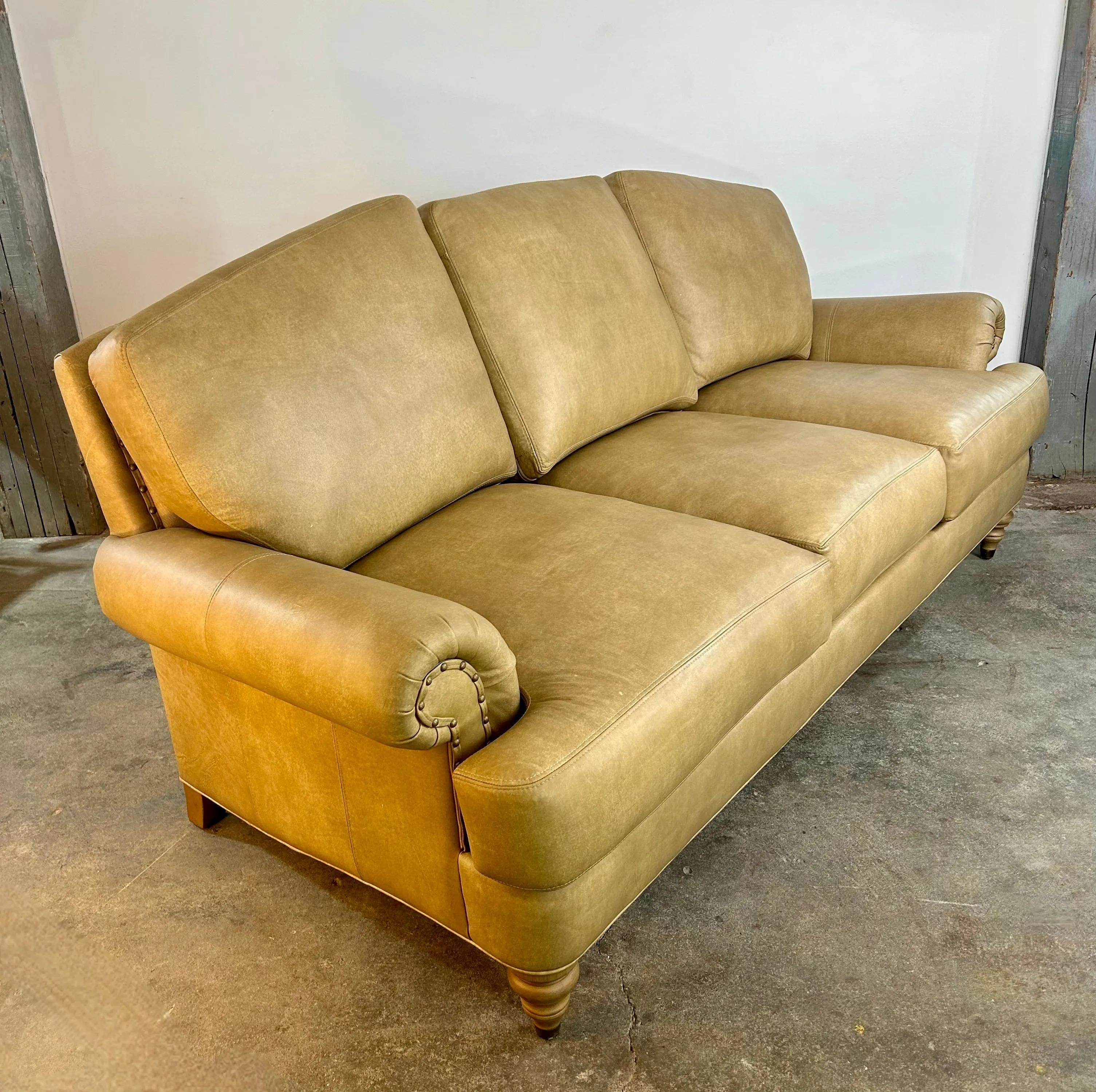 Ethan Allen Leather Sofa with Rolled Arms with Nailhead Trim