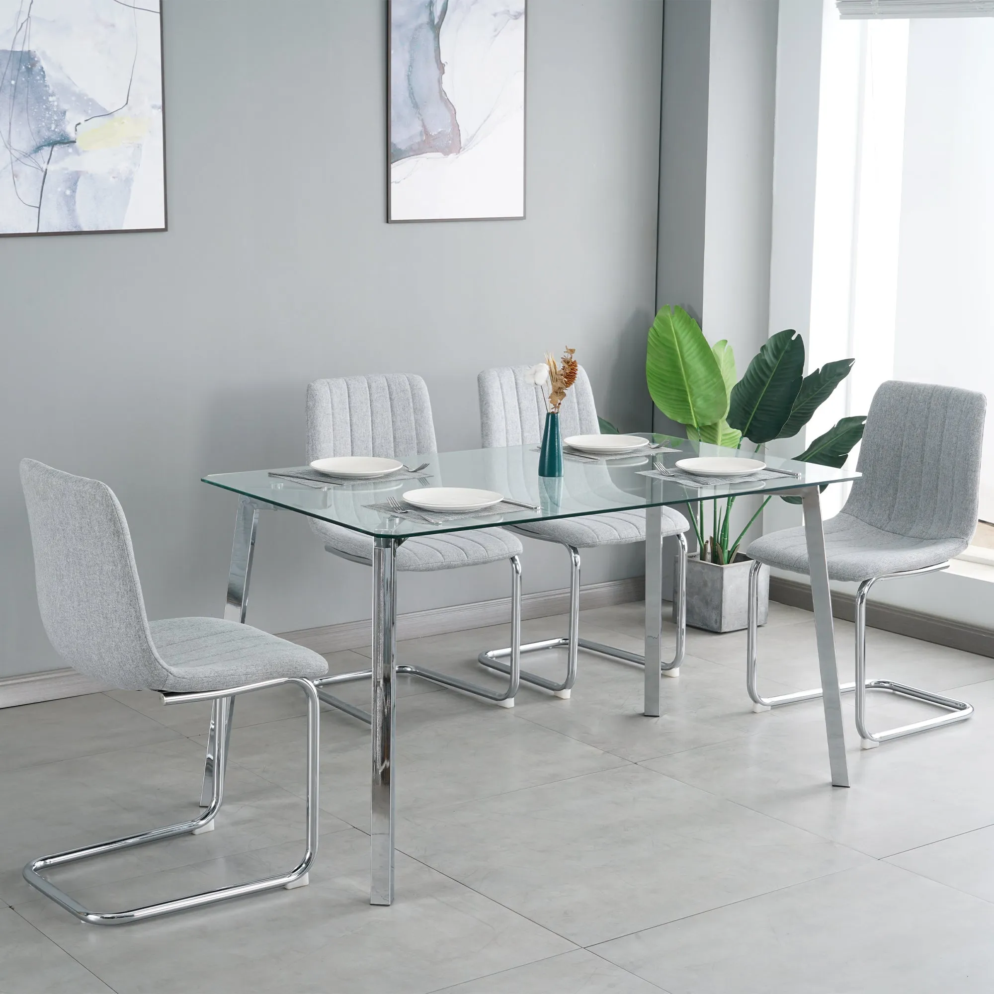Genesis 5pc Dining Set Tempered Glass Table 4x Side Chairs - Light Gray
